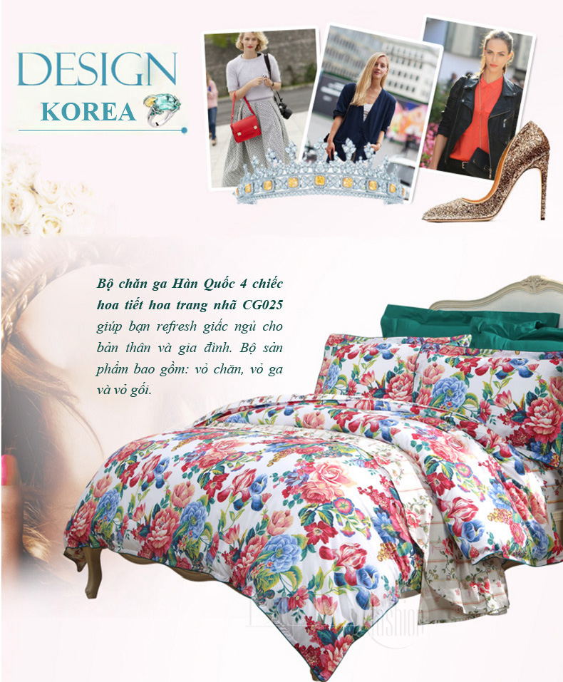 Bộ chăn ga Hàn Quốc 4 chiếc hoa tiết hoa trang nhã CG025