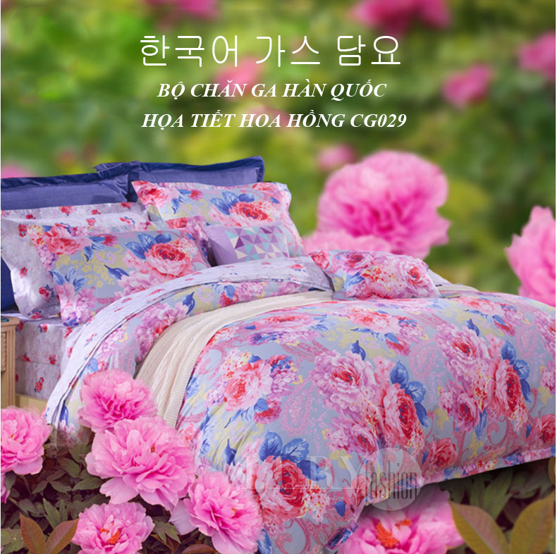 Bộ chăn ga Hàn Quốc 4 chiếc họa tiết hoa hồng ngọt ngào CG029