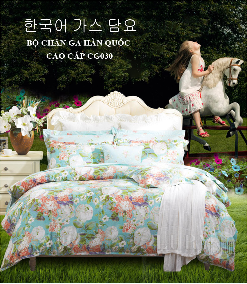 Bộ chăn ga Hàn Quốc 4 chiếc cao cấp hoa trắng phối nền xanh tươi mát CG030