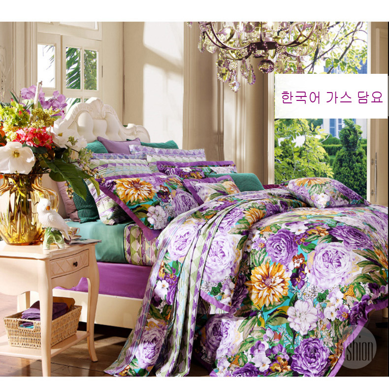Bộ chăn ga Hàn Quốc 4 chiếc hoa tiết hoa nhiều màu phối nền tím cao cấp CG031