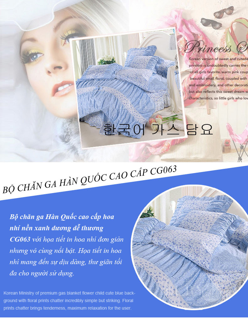 Bộ chăn ga Hàn Quốc cao cấp hoa nhí nền xanh dương dễ thương CG063