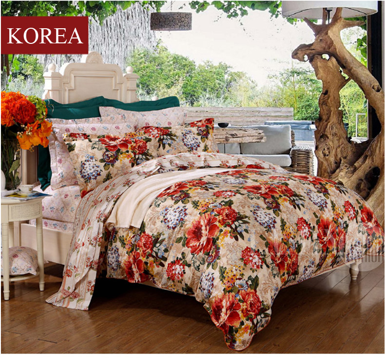 Bộ chăn ga Hàn Quốc 4 chiếc họa tiết hoa màu sắc rực rỡ CG034