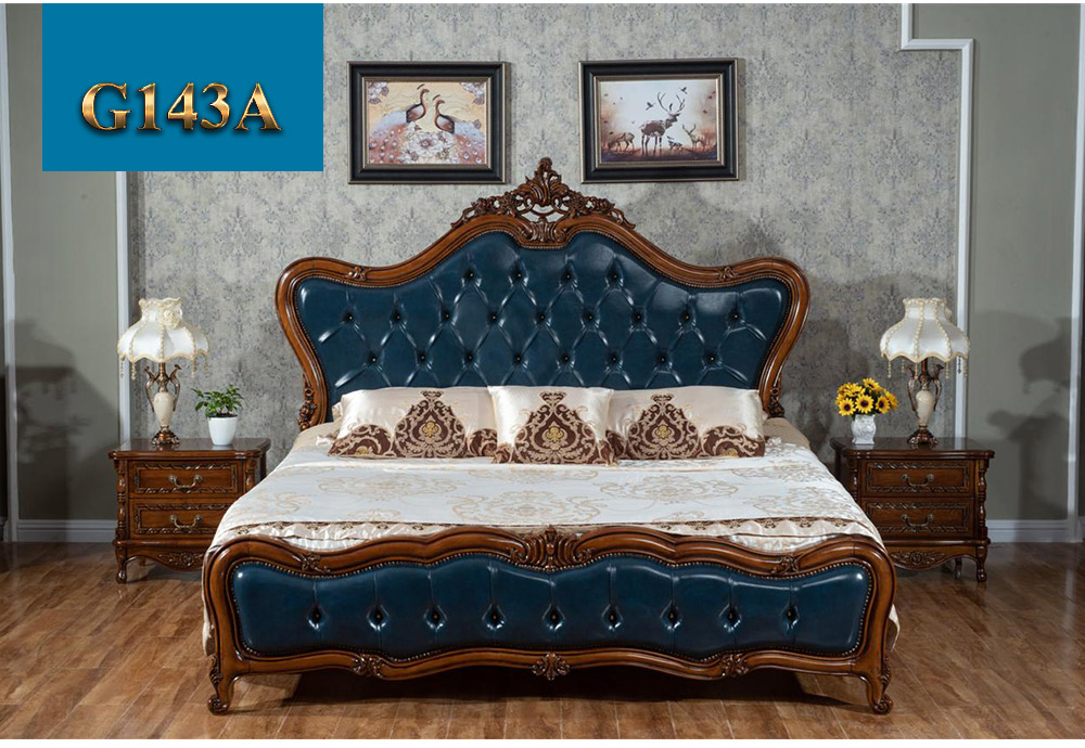 Giường ngủ gỗ điêu khắc phối da phong cách cổ điển Châu Âu G143
