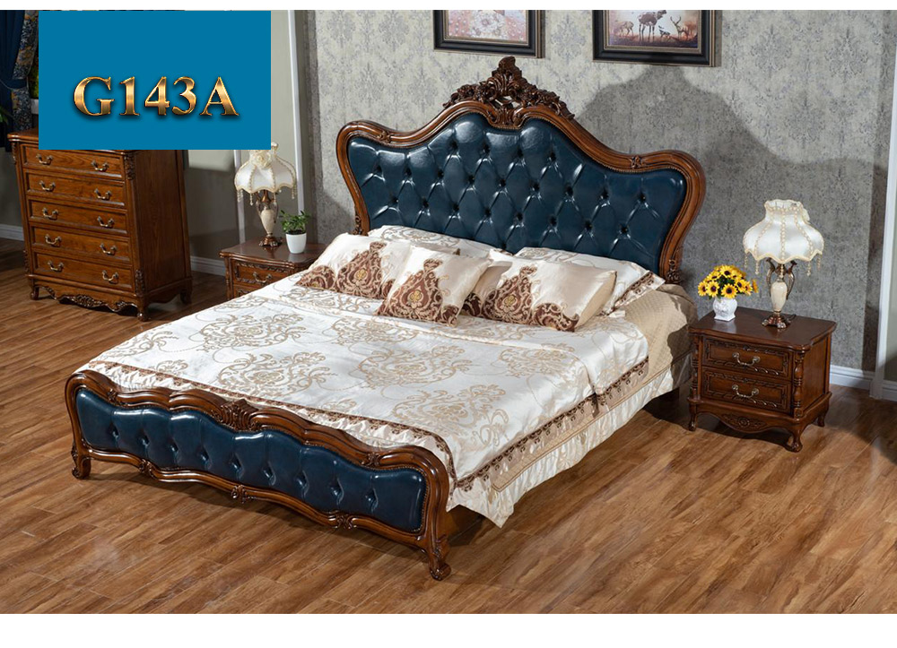 Giường ngủ gỗ điêu khắc phối da phong cách cổ điển Châu Âu G143