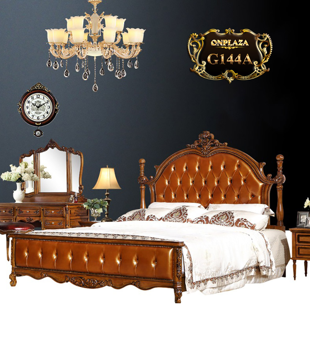 Giường ngủ gỗ phối da cao cấp phong tân cổ điển Châu Âu G144