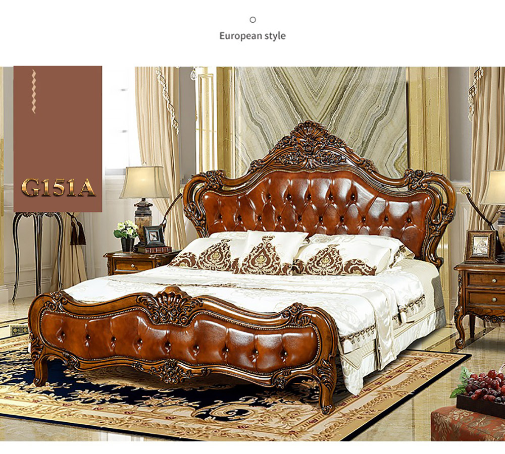 Giường gỗ chạm khắc phối da phong cách Châu Âu cổ điển G151