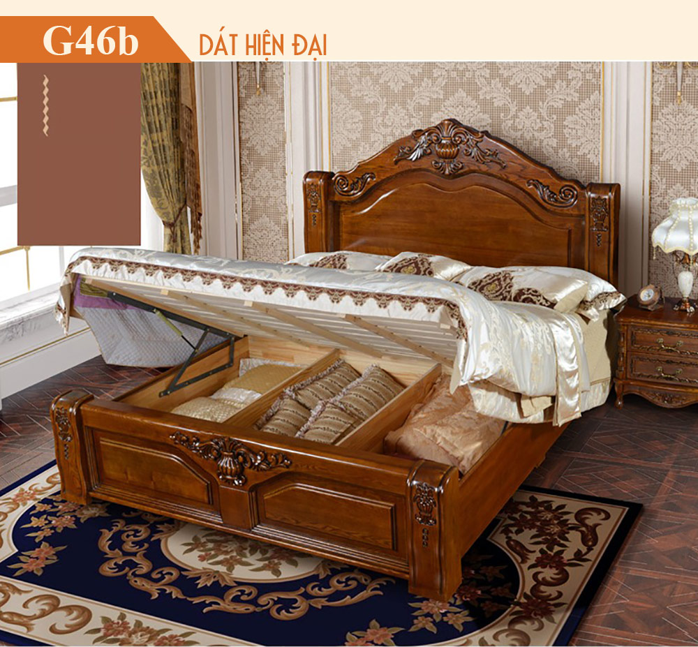 Giường ngủ khắc gỗ cổ điển sắc nâu sang trọng G46