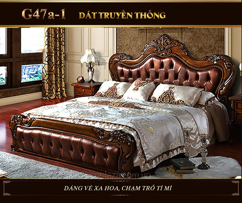 Giường ngủ bọc da cao cấp khắc gỗ cổ điển sang trọng G47