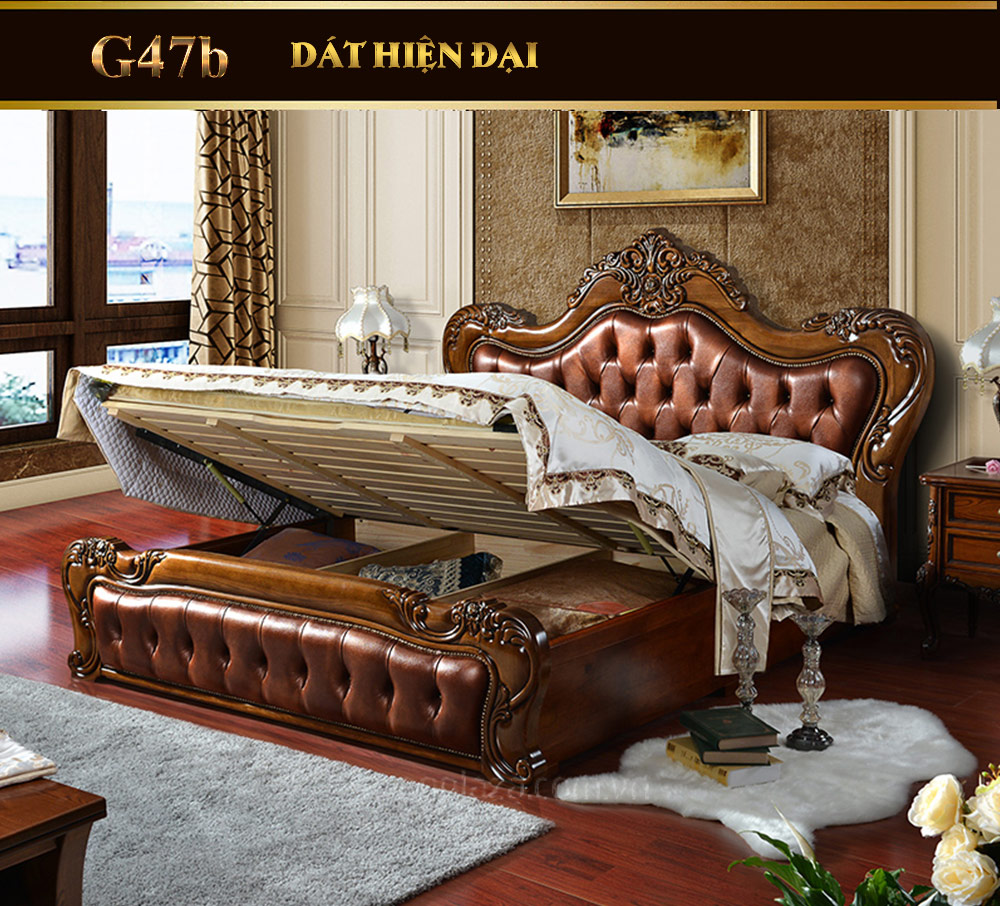 Giường ngủ bọc da cao cấp khắc gỗ cổ điển sang trọng G47