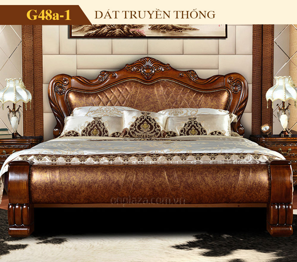 Giường ngủ bọc da cao cấp khắc gỗ cổ điển sang trọng G48