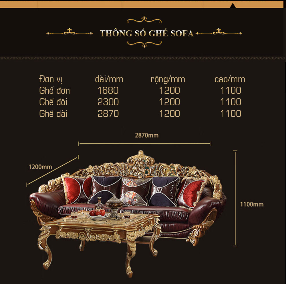 Bộ ghế sofa bọc nệm da chạm khắc họa tiết Hoàng gia cao cấp PN109