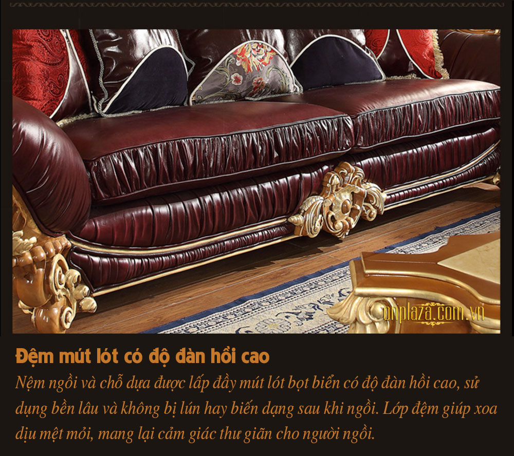 Bộ ghế sofa bọc nệm da chạm khắc họa tiết Hoàng gia cao cấp PN109