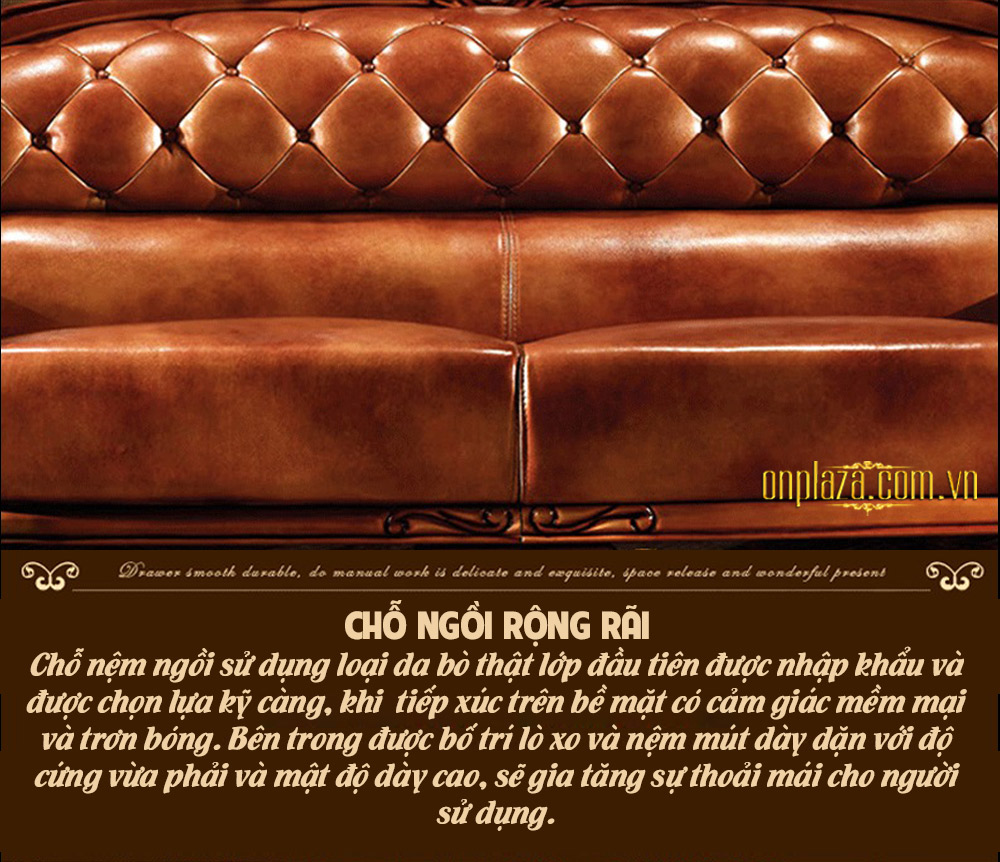 Bộ ghế sofa bọc da thật chạm hoa văn màu gỗ nâu cao cấp PN49