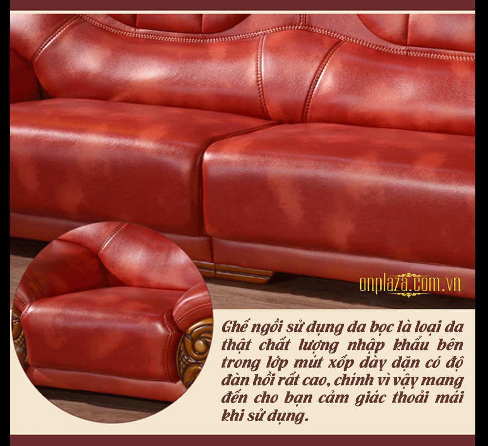 Bộ ghế sofa bọc da thật chạm hoa văn vân gỗ sang trọng PN50