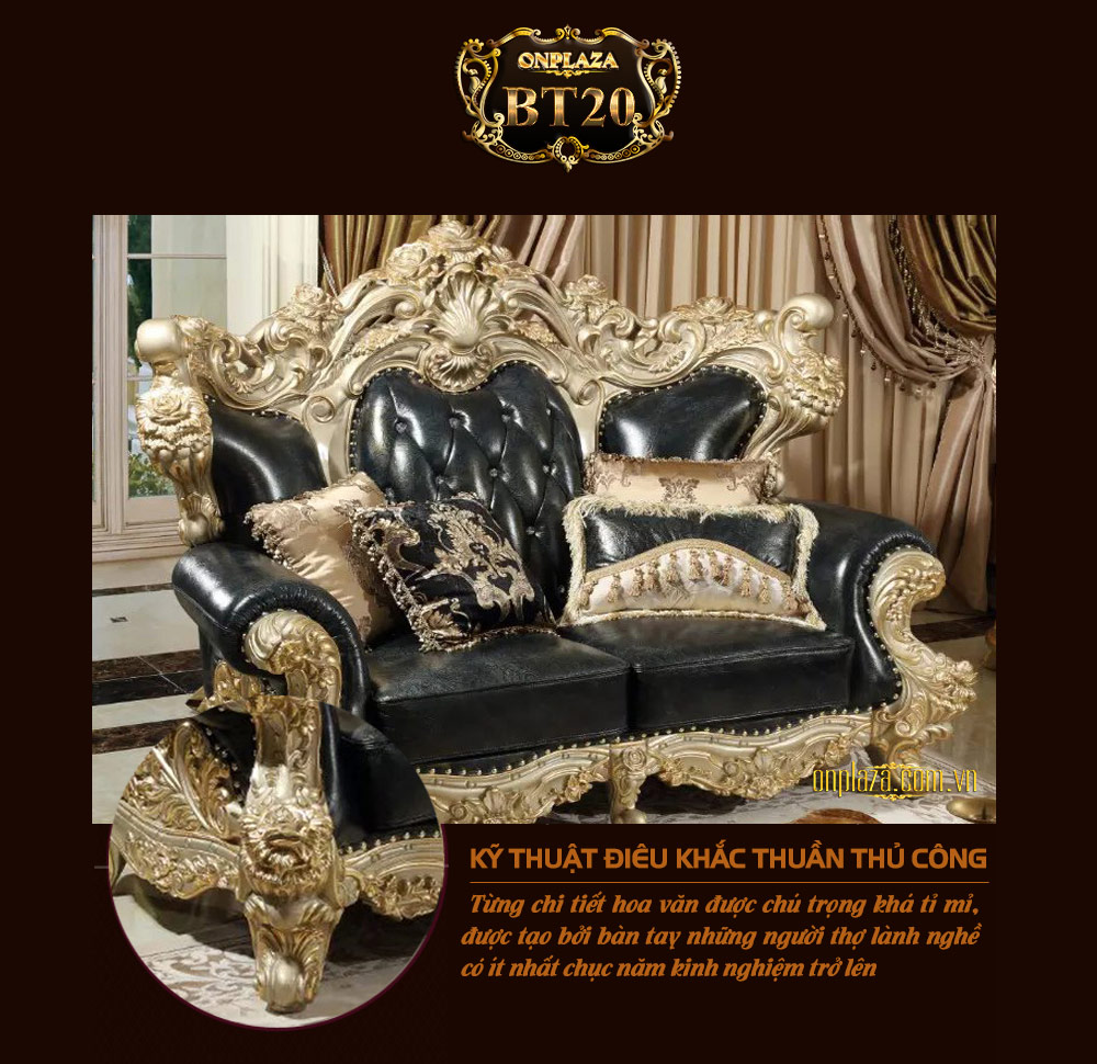 Bộ ghế sofa bọc nệm đen chạm khắc mạ vàng sang trọng PN93