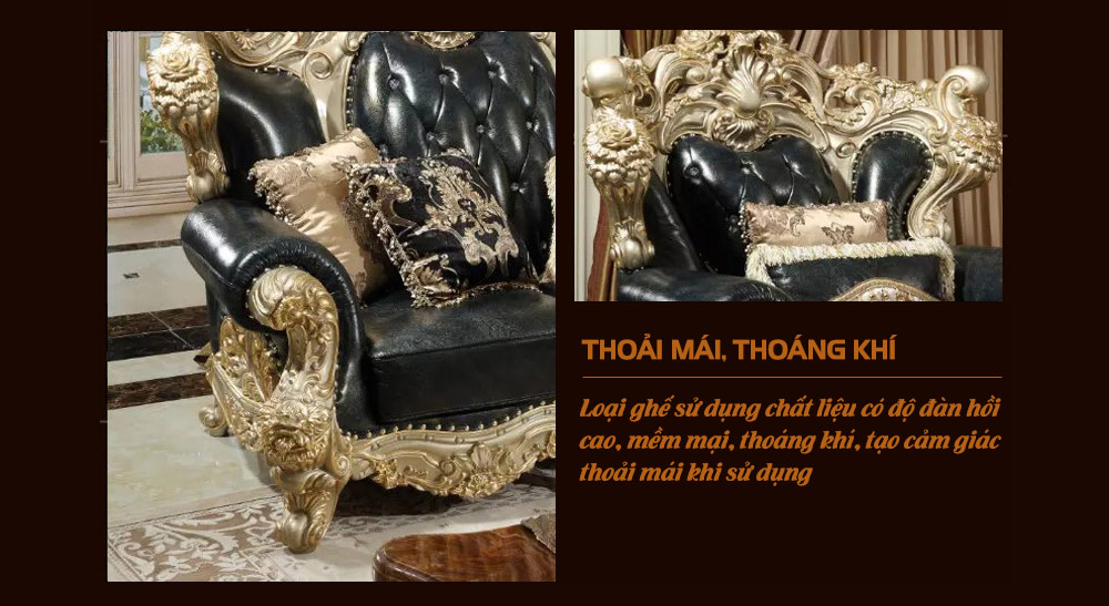 Bộ ghế sofa bọc nệm đen chạm khắc mạ vàng sang trọng PN93