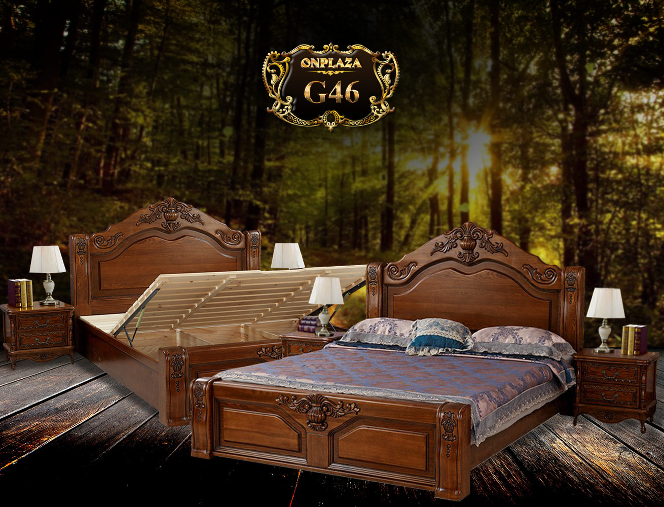 Giường ngủ khắc gỗ cổ điển sắc nâu G46 | Giường ngủ gỗ tự nhiên cao cấp | Giường ngủ gỗ đa năng