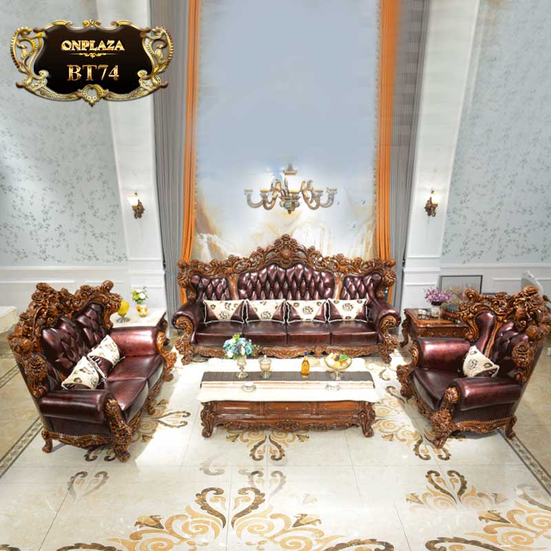 Bộ bàn ghế sofa chạm khắc 2 mặt theo phong cách quý tộc Châu Âu cho nhà biệt thự BT74