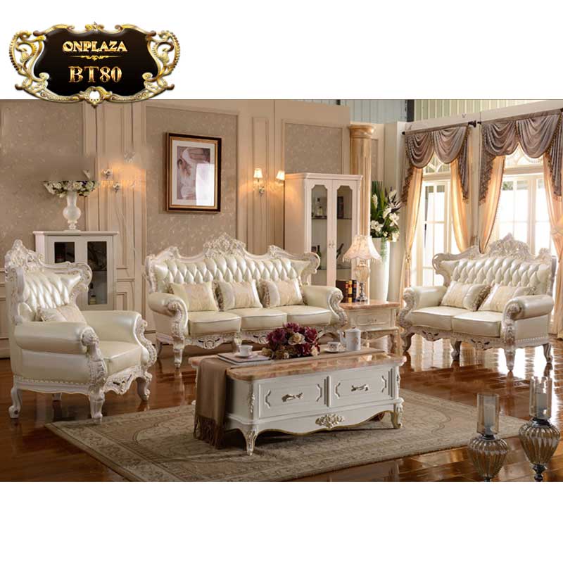 Bộ bàn ghế sofa da màu trắng thếp vàng chạm khắc 2 mặt tinh tế phong cách châu âu sang trọng BT80