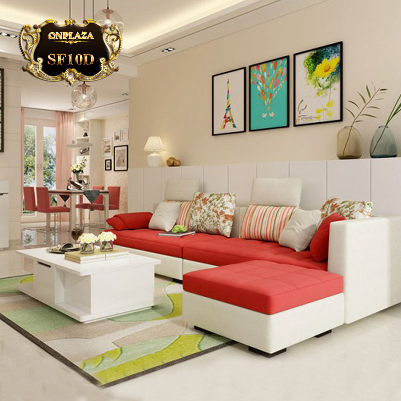 Bộ bàn ghế sofa phòng khách bọc nhung nỉ màu trắng đỏ SF10D
