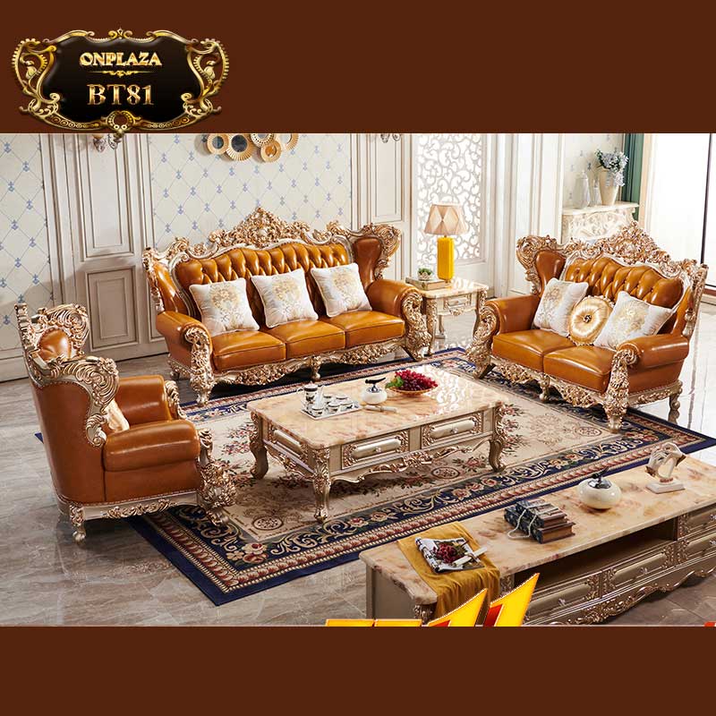 Bộ bàn ghế sofa da chạm khắc 2 mặt tinh xảo màu vàng hoàng tộc phong cách cổ điển  BT81