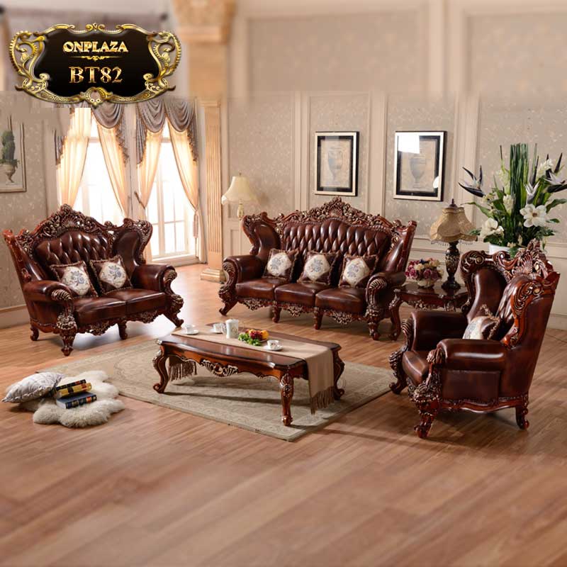 Bộ ghế sofa da chạm khắc 2 mặt thếp vàng tinh xảo phong cách quý tộc  BT82