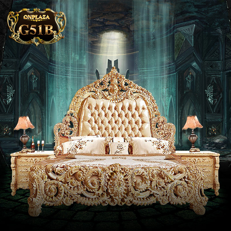 Bộ giường gỗ bọc nệm chạm khắc hoa văn phục cổ Hoàng gia cao cấp G52
