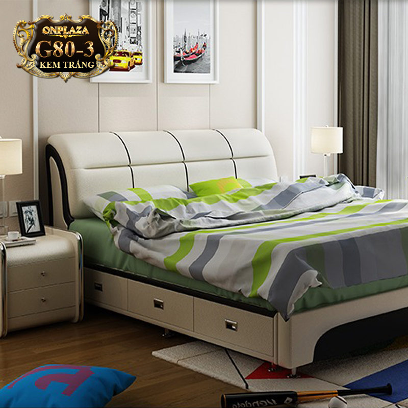 Bộ giường ngủ đẹp hiện đại bọc da đa năng G80-3 (Kem trắng)
