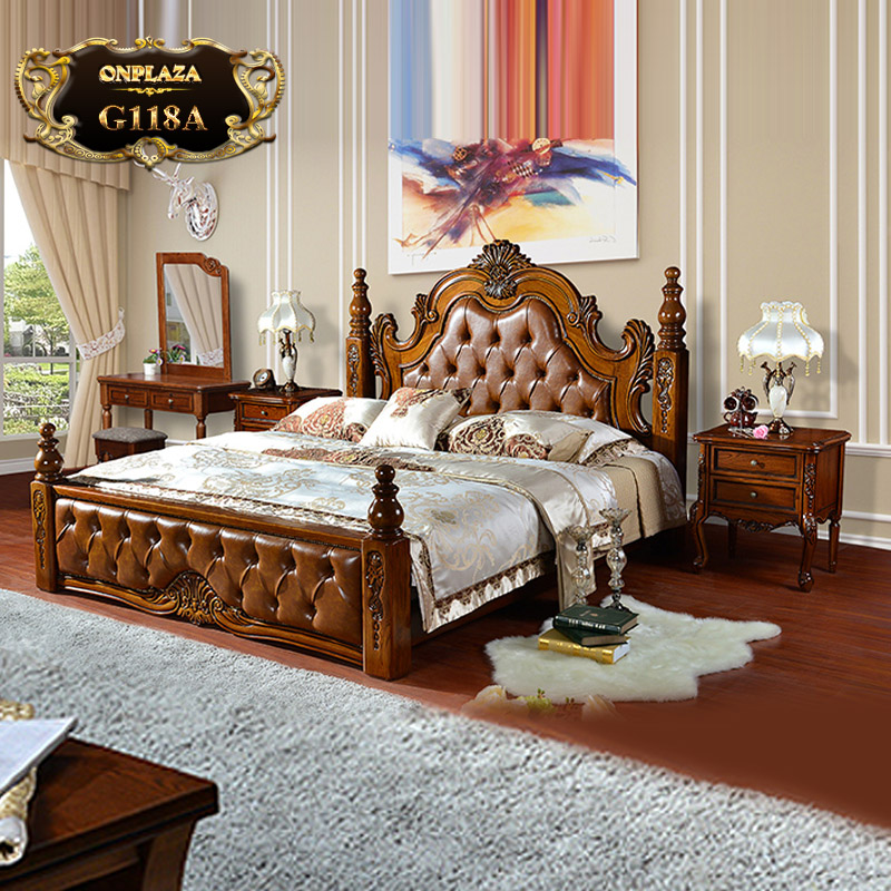 Bộ giường ngủ da và gỗ tự nhiên phong cách quý tộc sang trọng G118 