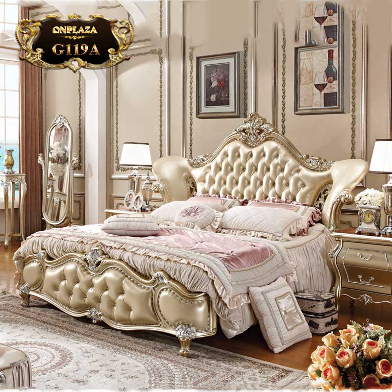 Bộ giường ngủ da và gỗ cao cấp phong cách tân cổ điển G119A