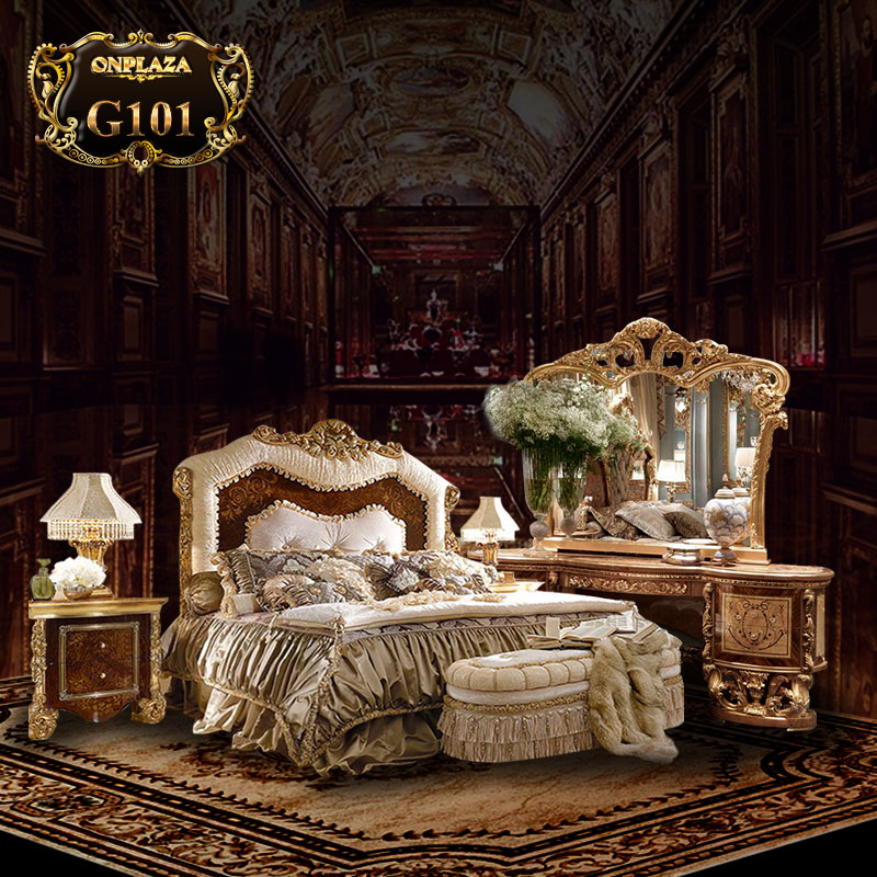 Bộ giường ngủ hoàng gia cao cấp chạm khắc hoa văn (giường+tab giường) G101