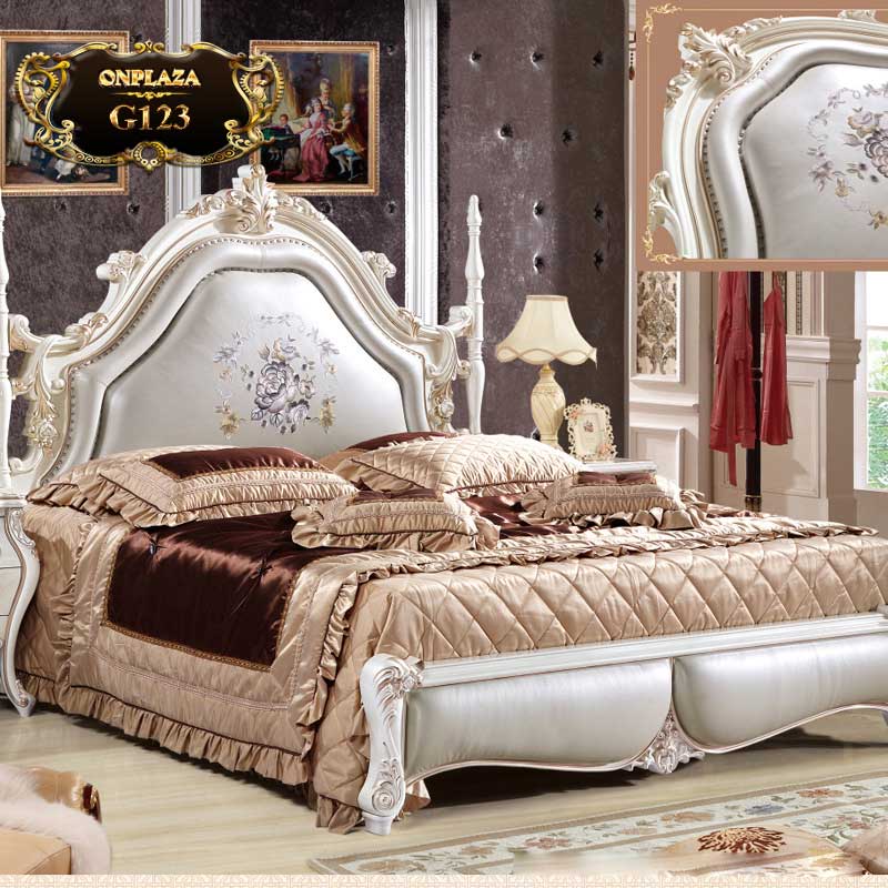 Giường ngủ cao cấp thêu hoa tinh tế phong cách tân cổ điển G123 