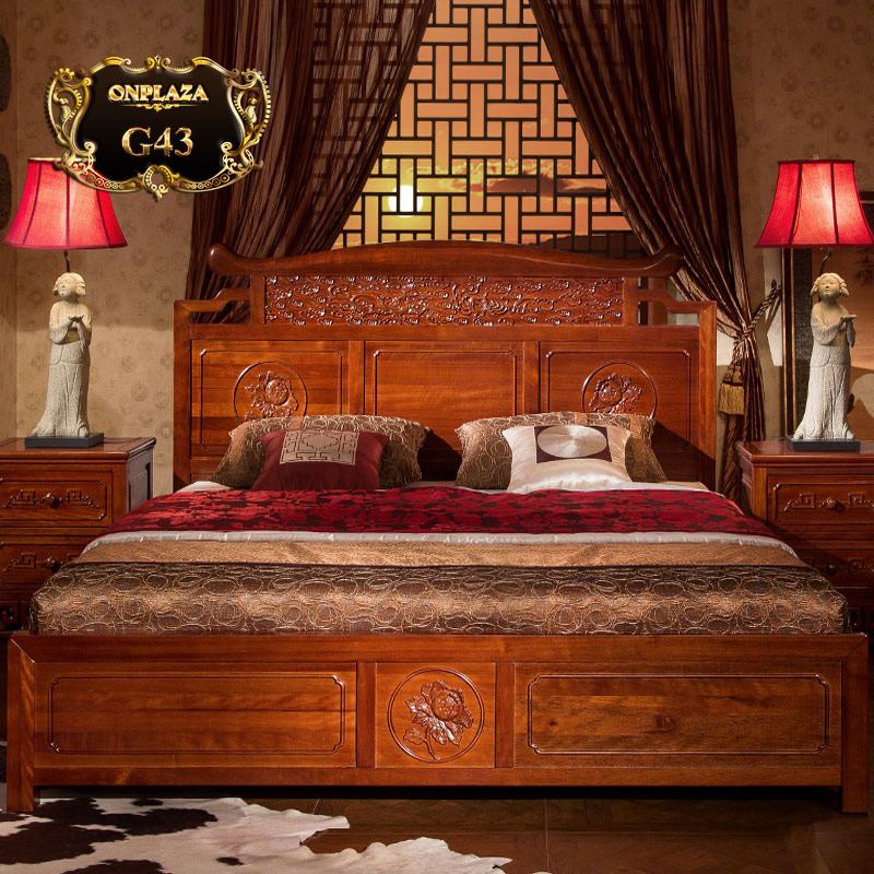 Giường ngủ khắc gỗ cổ điển sắc nâu sang trọng G43