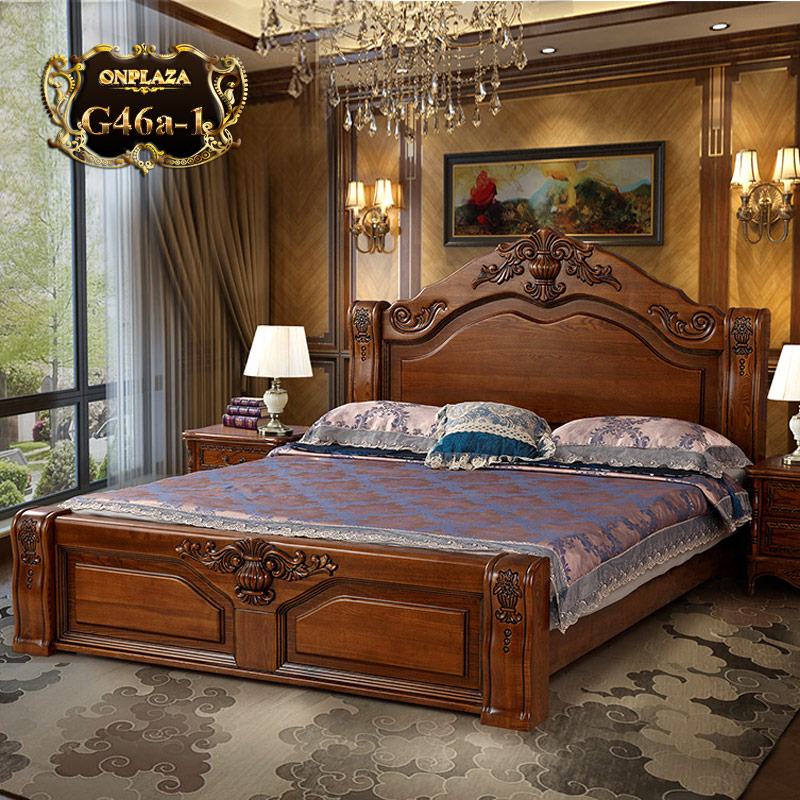 Giường ngủ khắc gỗ cổ điển sắc nâu G46 chất gỗ tần bì