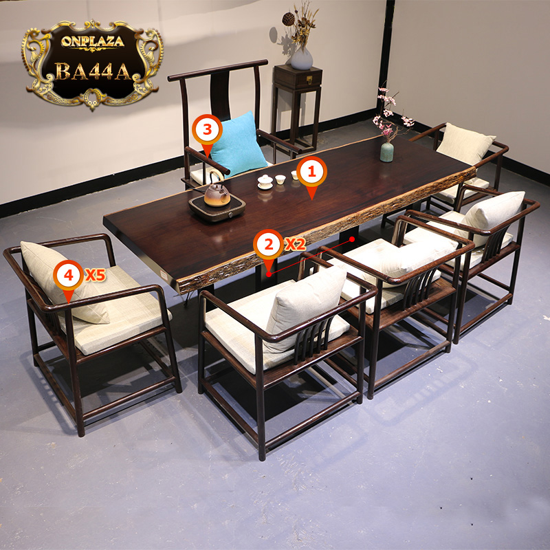 Bộ bàn ghế gỗ mun nguyên tấm 9 món cao cấp cho phòng khách cổ điển BA44A