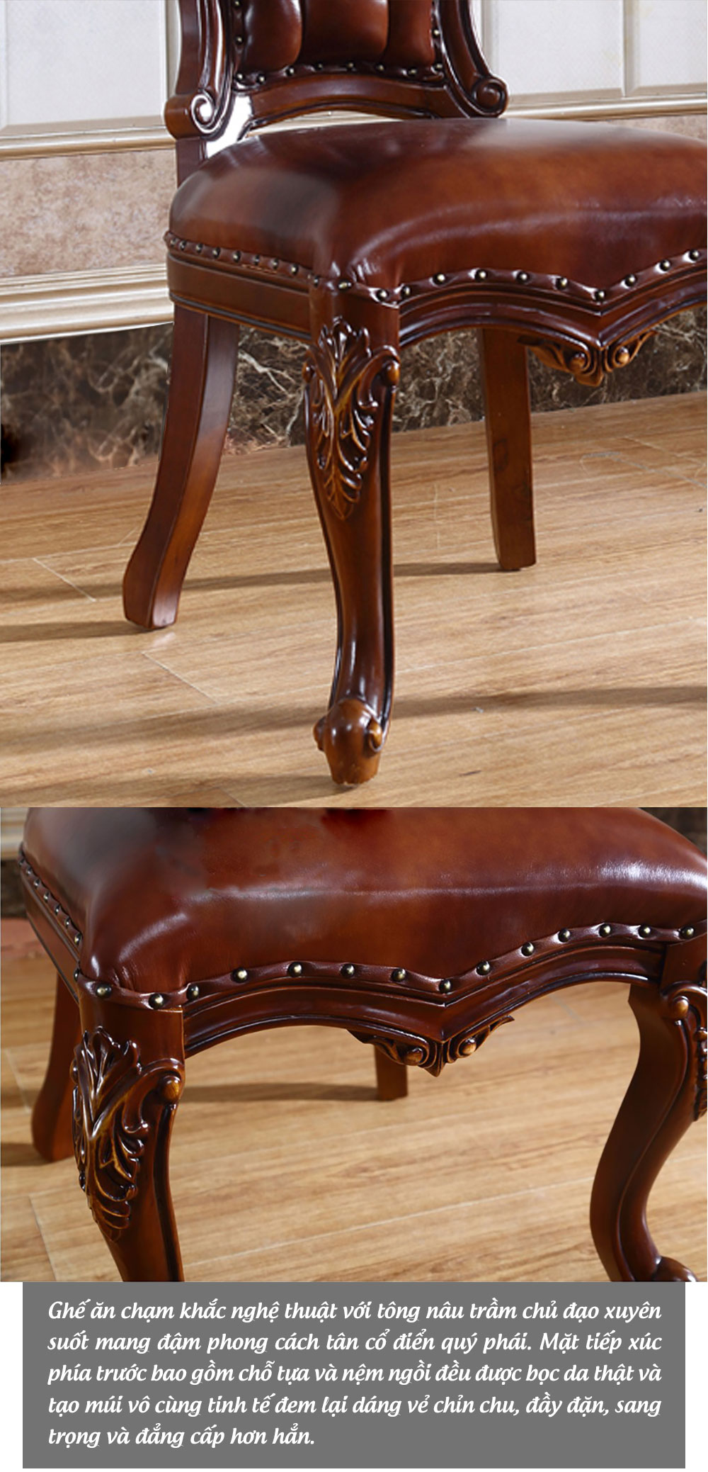 Bộ bàn ghế ăn 6 người phong cách tân cổ điển quý phái tông nâu trầm BA16
