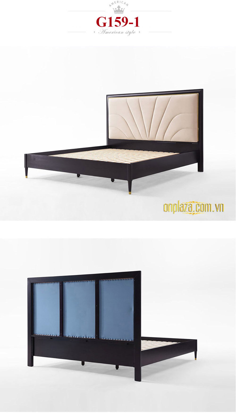 Bộ giường gỗ tự nhiên phối nhung sang trọng phong cách Mỹ hiện đại G159