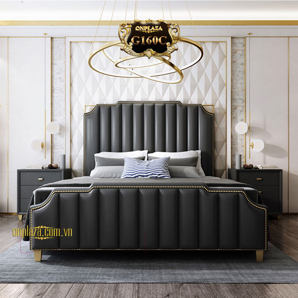 Bộ giường ngủ bọc da phối kim loại phong cách hiện đại sang trọng G160 