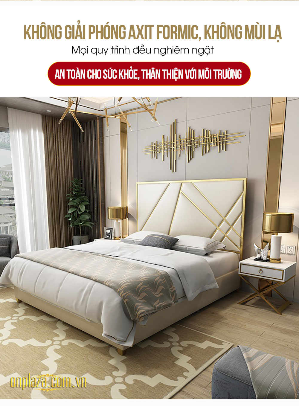 Bộ giường ngủ gỗ tự nhiên bọc da phối kim loại tinh tế phong cách thời trang hiện đại G162