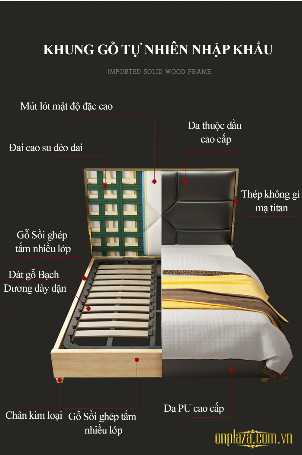 Bộ giường ngủ gỗ tự nhiên bọc da phối kim loại độc đáo và sang trọng G163