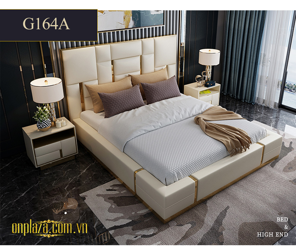 Bộ giường ngủ cao cấp gỗ tự nhiên bọc da G164A 