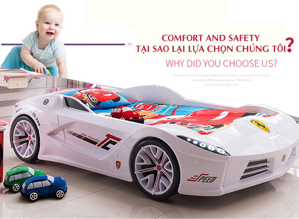Bộ giường trẻ em đa năng hiện đại kiểu dáng siêu xe Ferrari kèm 2 tab G138