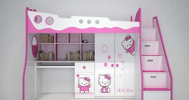 Giường tầng kết hợp bàn học hello kitty dành cho bé